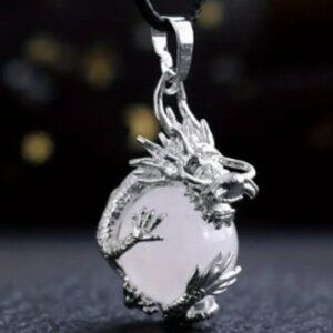 Unisex Natural Stone Crystal Dragon Wrapped Ball Pendant Necklace PU Leather